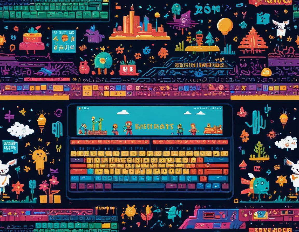 A vibrant and colorful scene depicting a lively gaming environment where characters are joyfully typing on keyboards surrounded by playful typography animations. In the background, a clear progression scale shows typing skills moving from fun to proficiency, with rewards and achievements represented as floating icons. Include elements of joy and engagement, such as happy expressions and playful colors. pixel art. vibrant colors. dynamic composition.