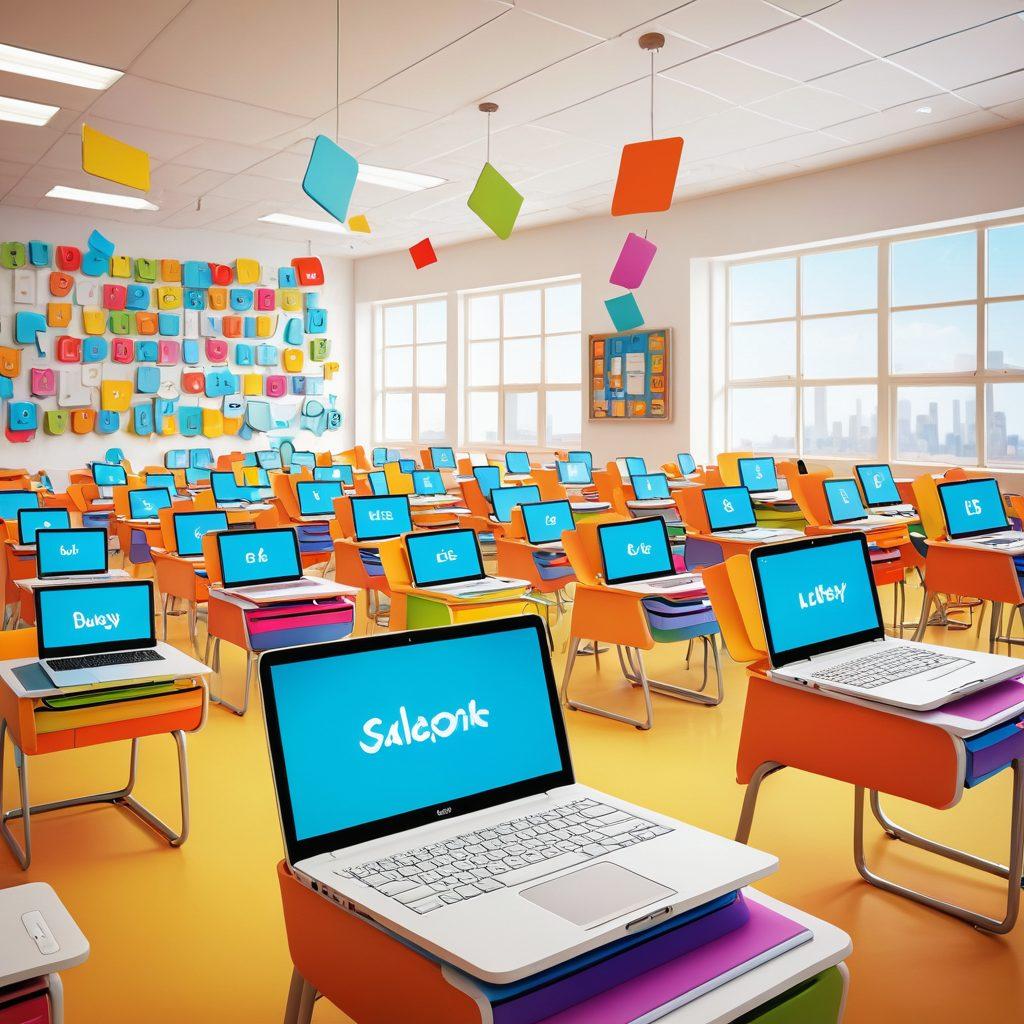 A whimsical classroom scene where diverse students are engaged in various typing challenges on colorful laptops, with floating joyful letters and animated characters surrounding them, symbolizing fun and learning. Bright, inviting colors promote a lively atmosphere with subtle hints of technology. cartoon style. vibrant colors. white background.