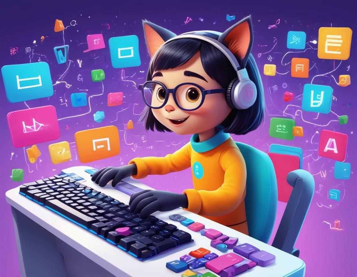 A playful and colorful illustration showcasing a person typing on a futuristic keyboard, surrounded by floating letters and symbols representing various skills. Integrate engaging elements like charts and graphs, emphasizing the concept of interactive learning. Include lighthearted characters, like a smiling cat and a robot, participating in amusing typing drills. The scene should convey excitement and fun in skill development. vibrant colors. cartoon style.
